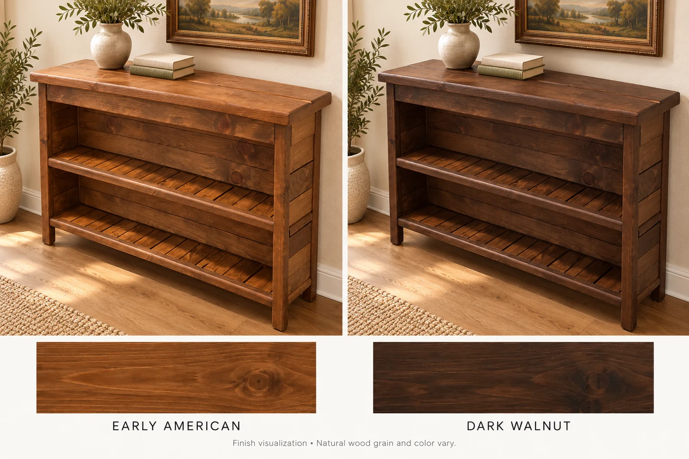 Bookshelf finish visualization comparing Early American and Dark Walnut
