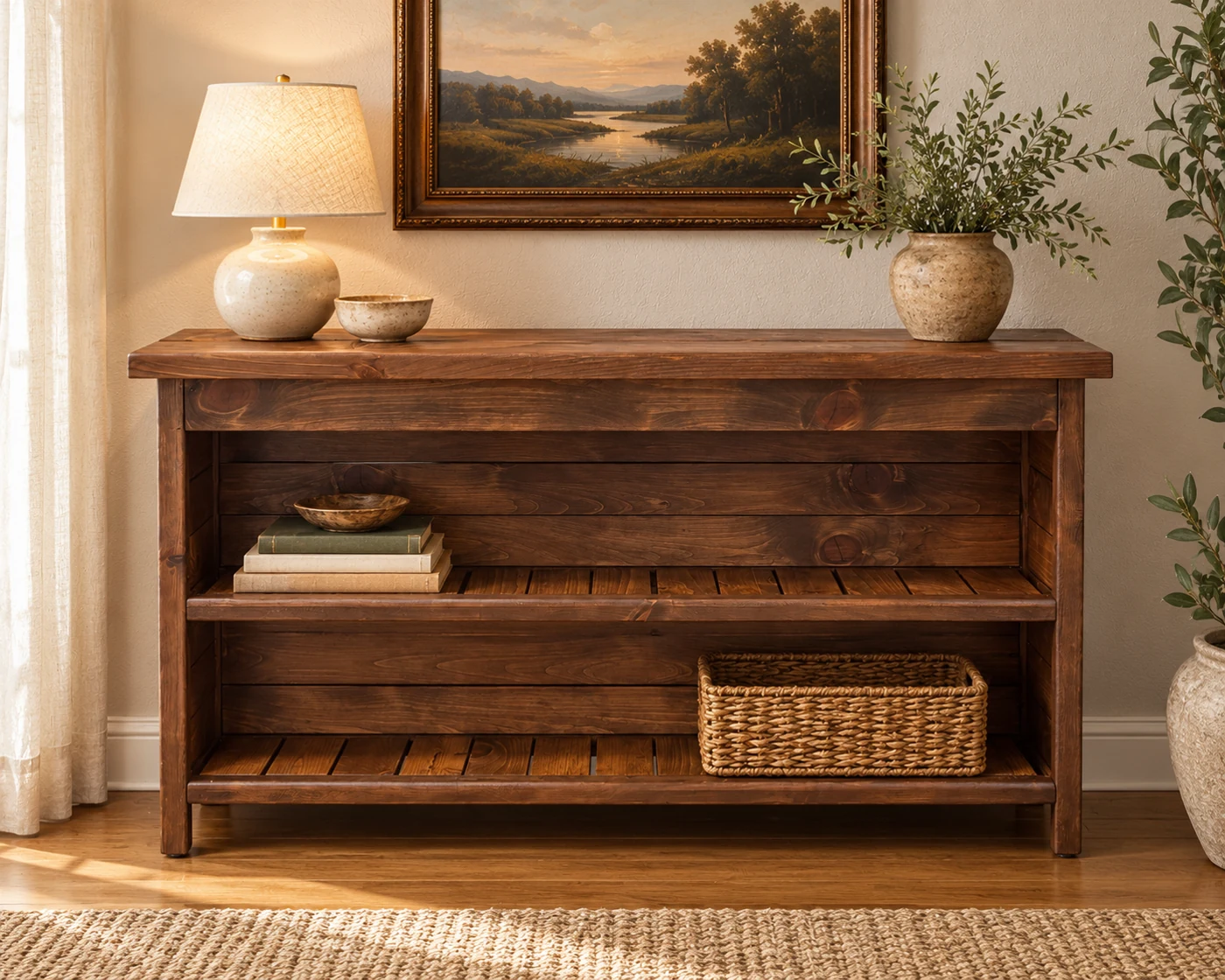Early American bookshelf styled against a warm neutral wall