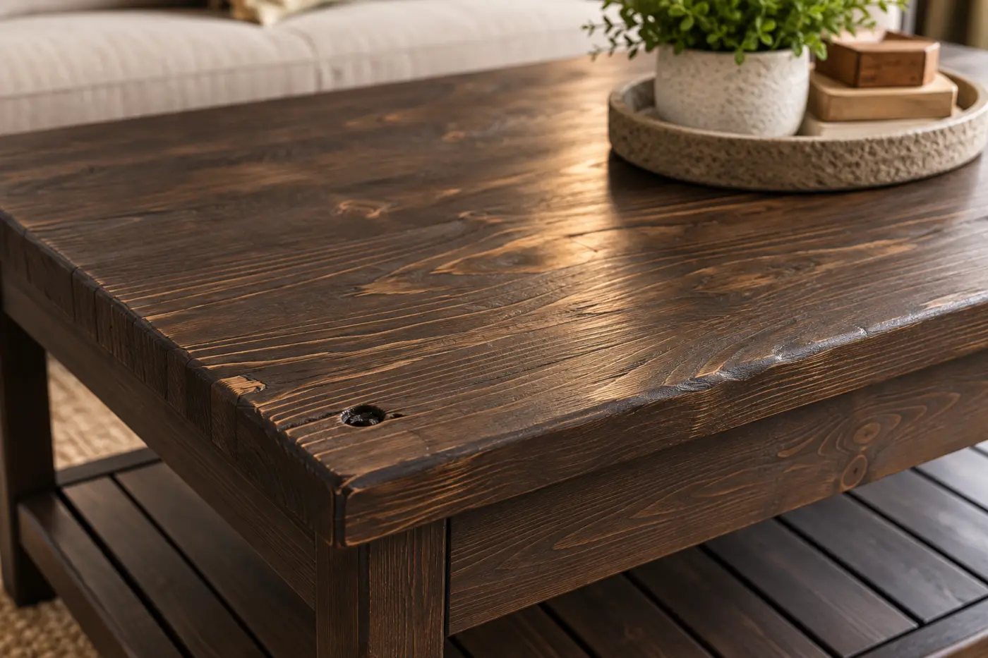 Close view of the rustic coffee table edge and solid pine construction