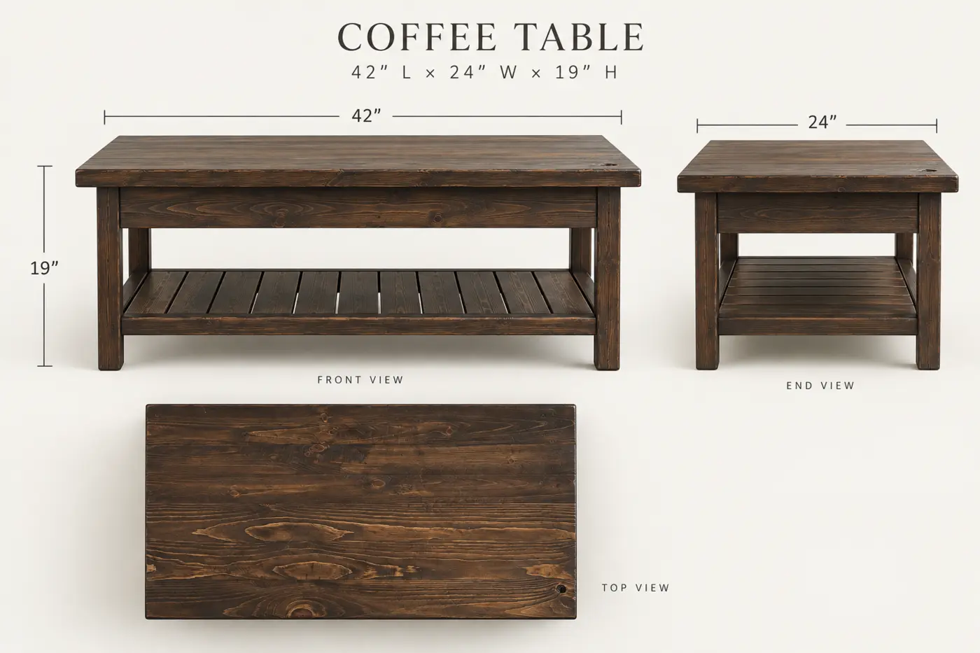 Coffee table diagram showing 42 inch length, 24 inch width, and 19 inch height