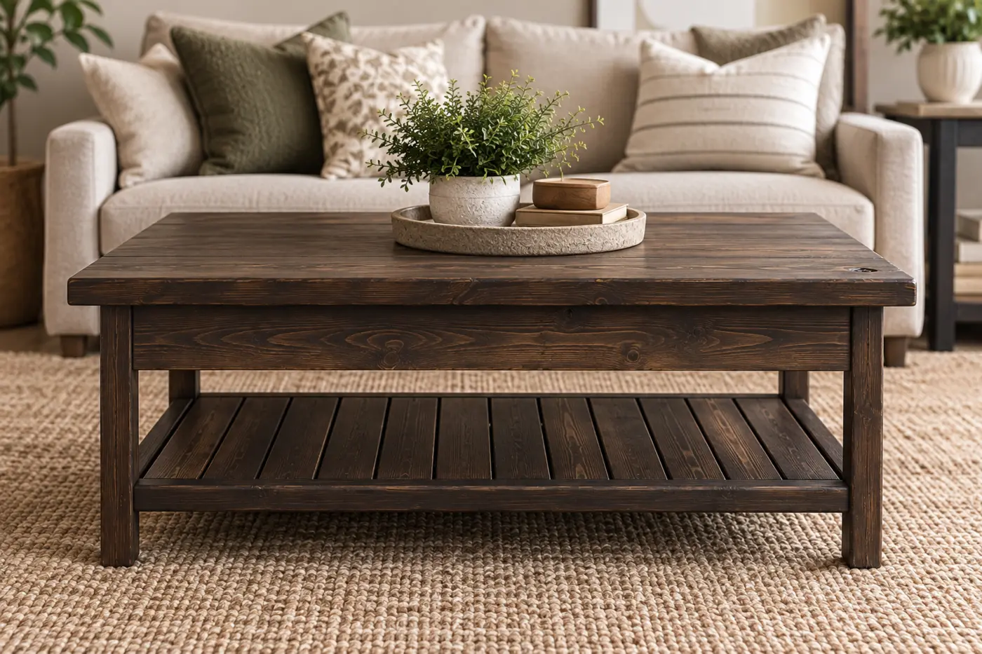 Rustic coffee table centered in front of a sofa