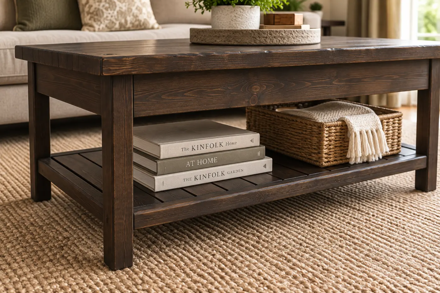 Rustic coffee table lower shelf holding books and a basket