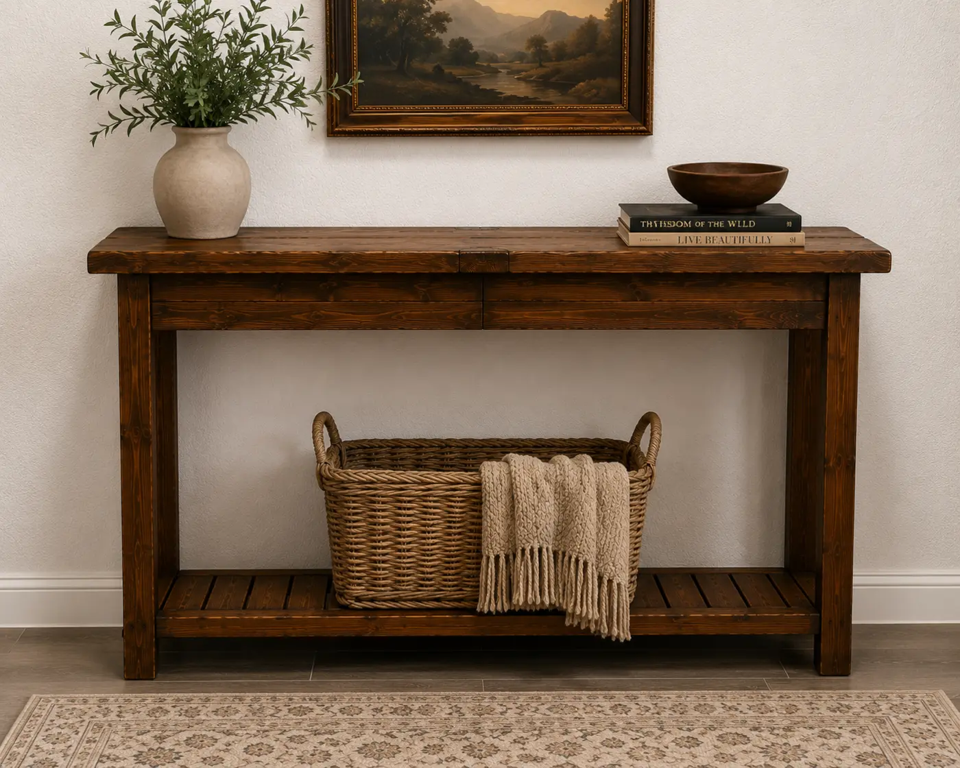 Front view of a rustic console table with lower shelf storage