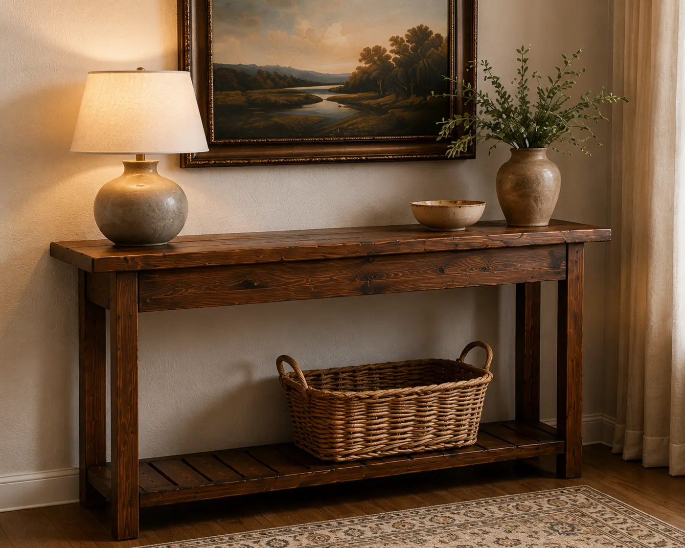 Rustic console table styled with decor and a basket in a warm entryway