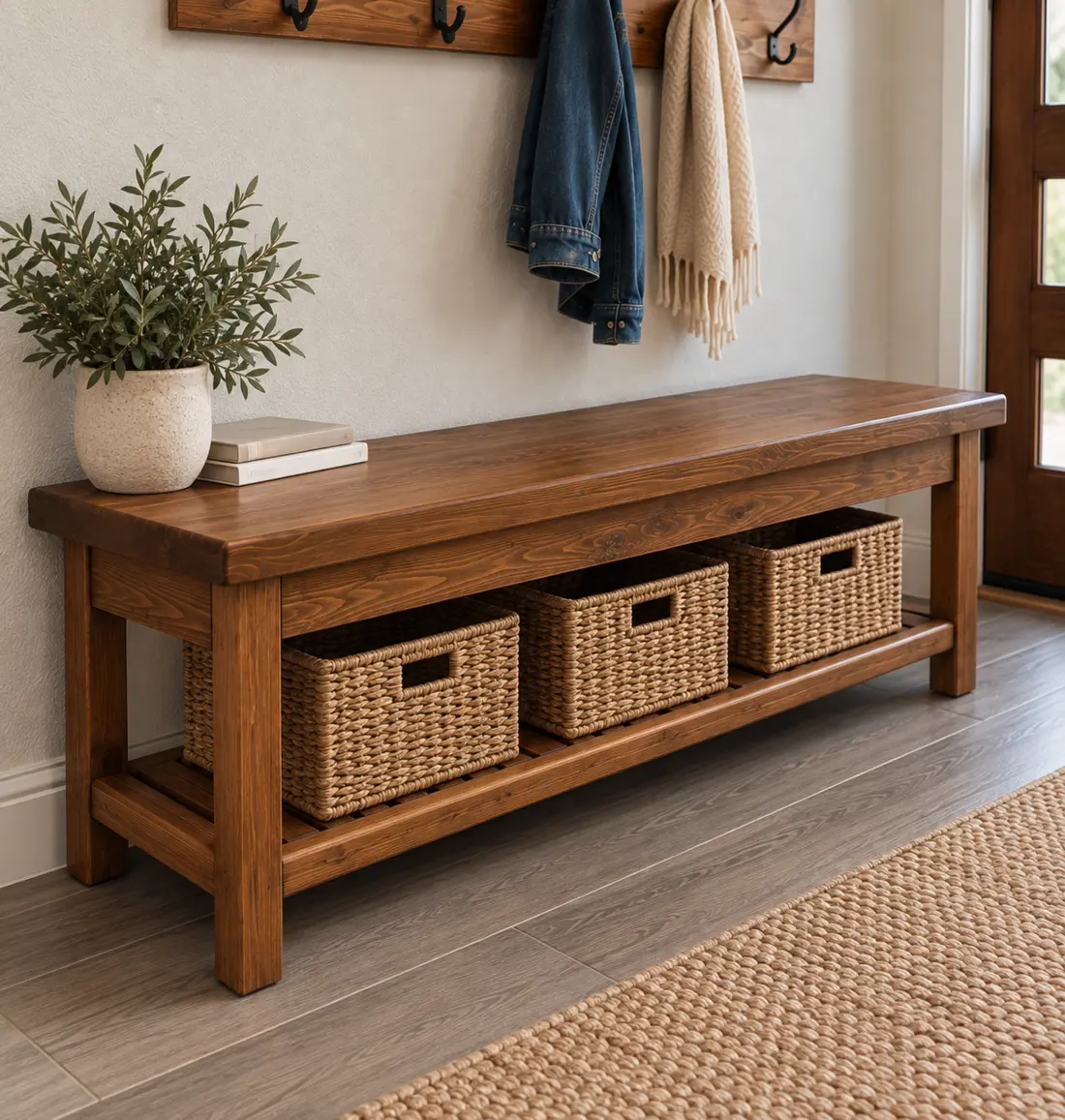 Rustic entry bench with storage baskets on the lower shelf