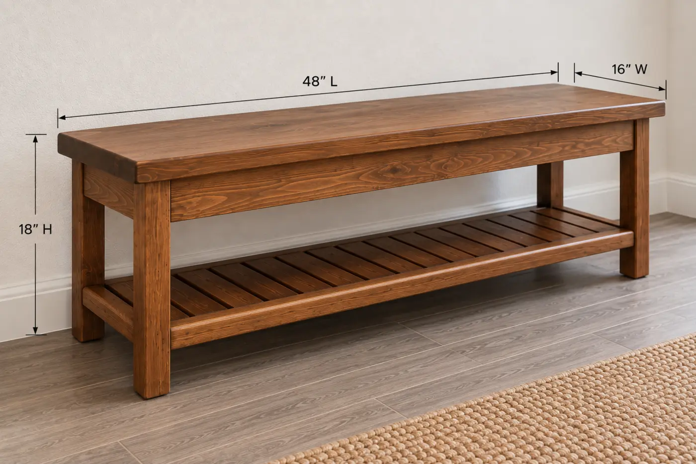 Entry bench diagram showing 48 inch length, 16 inch width, and 18 inch height