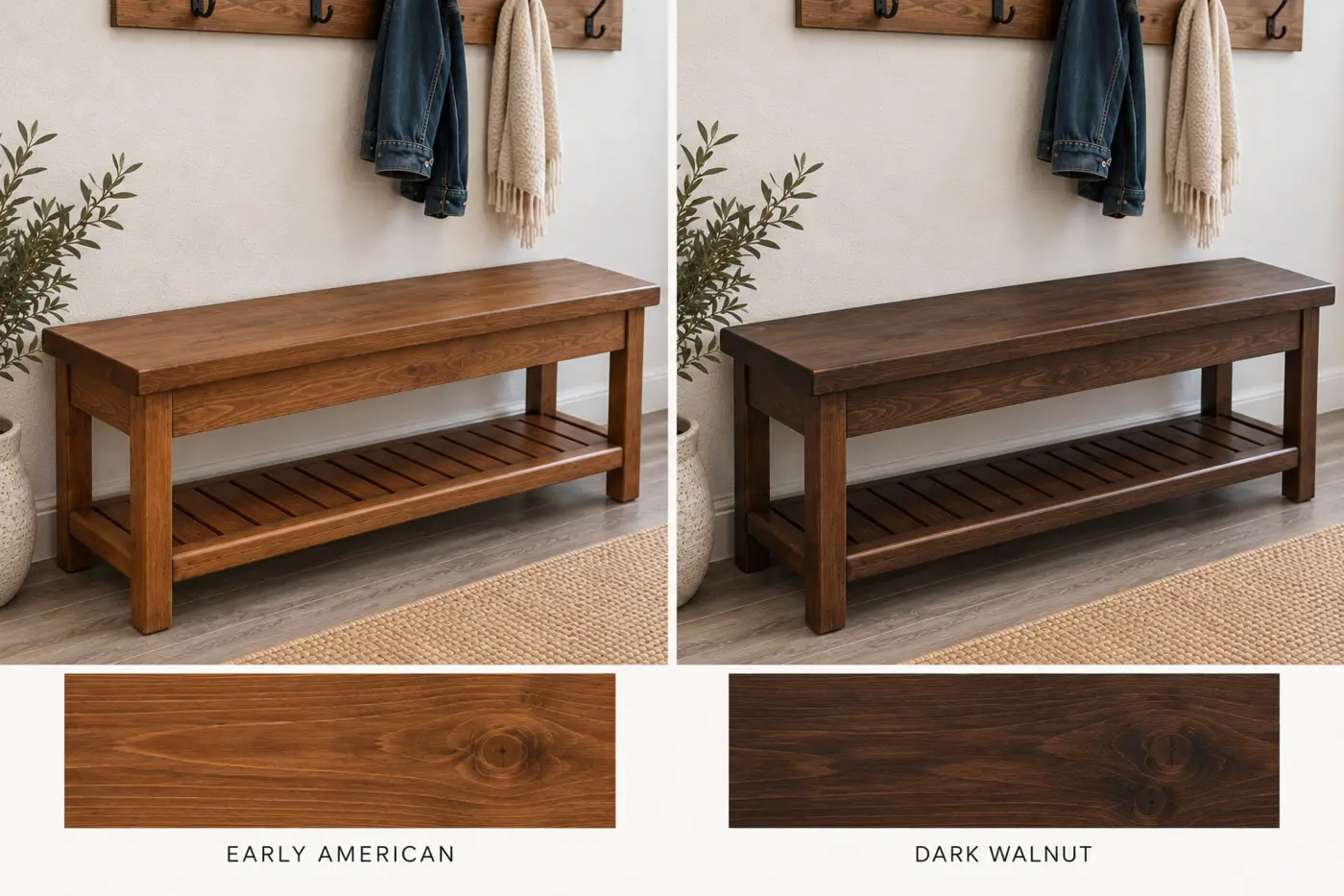 Early American and Dark Walnut entry-bench finish options