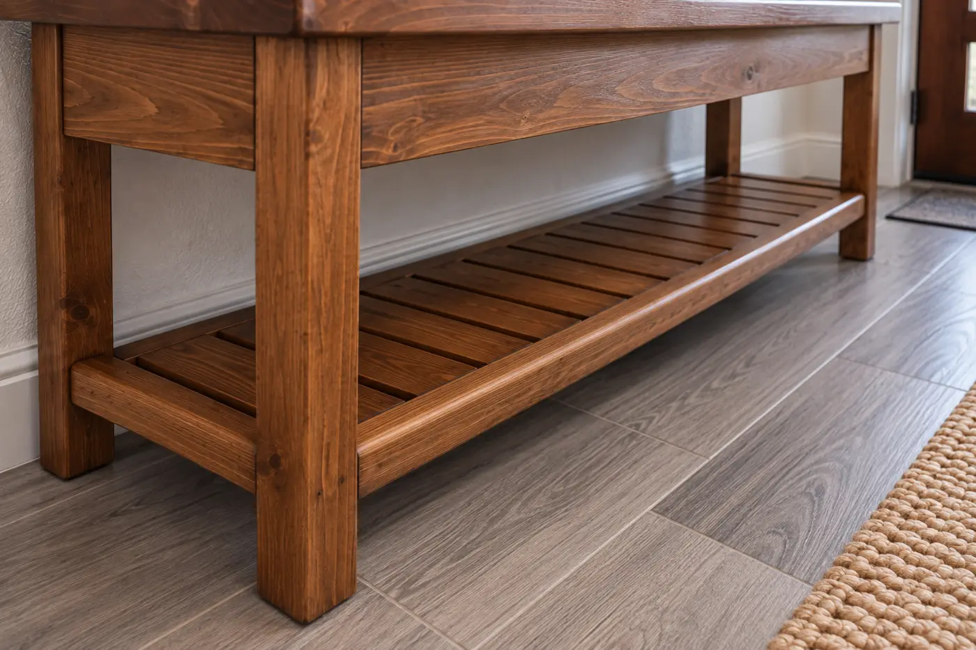 Close view of the entry bench lower slatted shelf