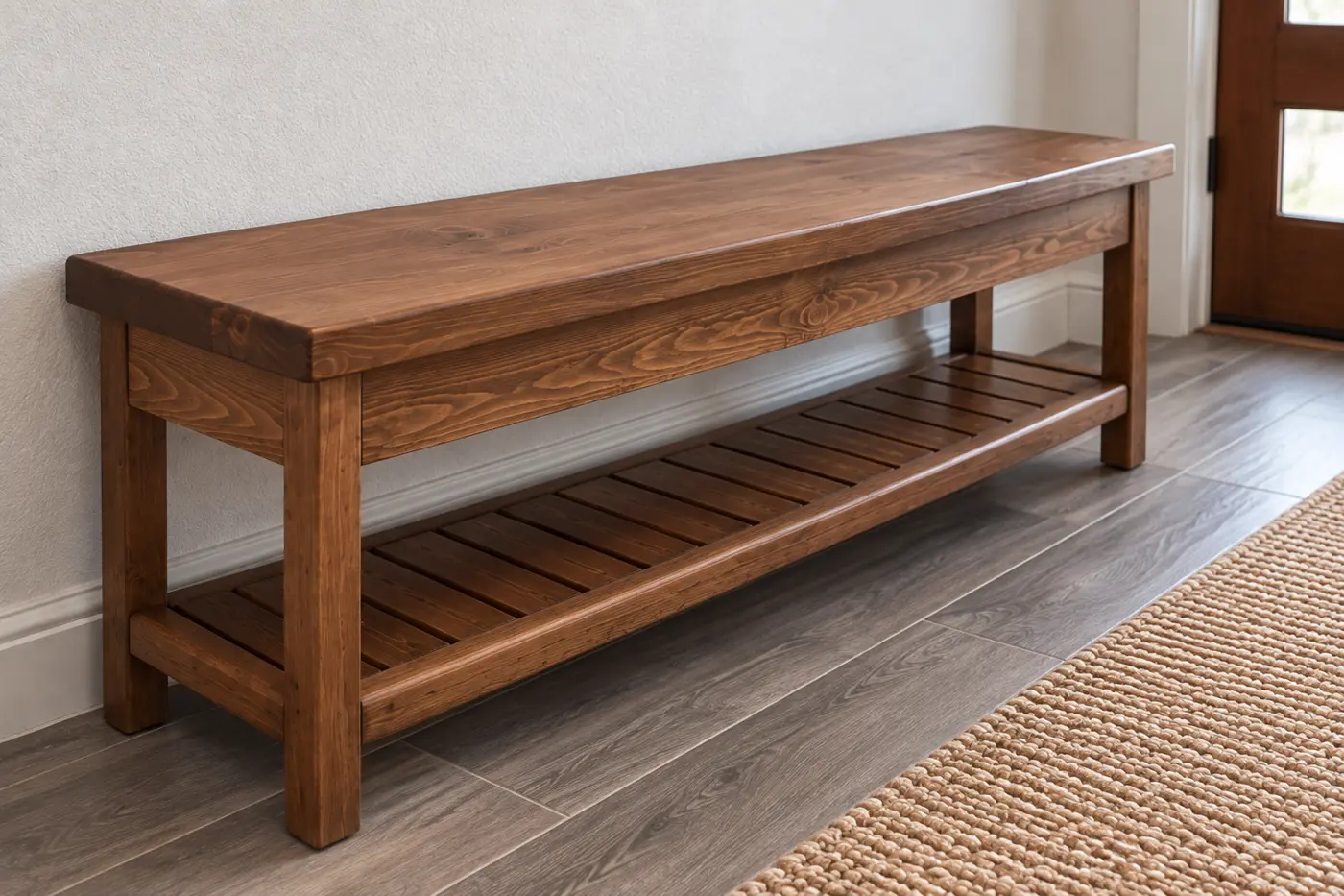 Rustic entry bench shown at a three-quarter angle