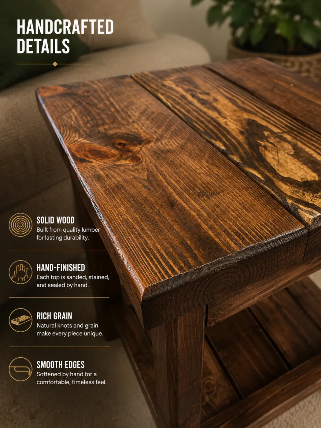 Close view of the hand-finished solid pine tabletop