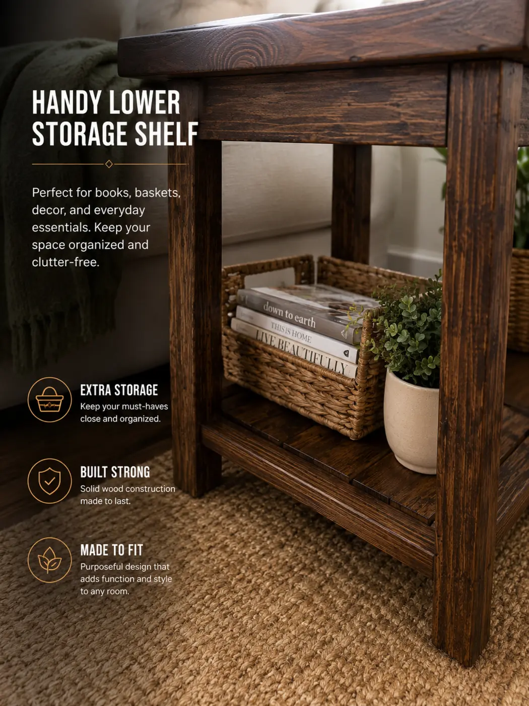 Side table lower shelf holding a basket